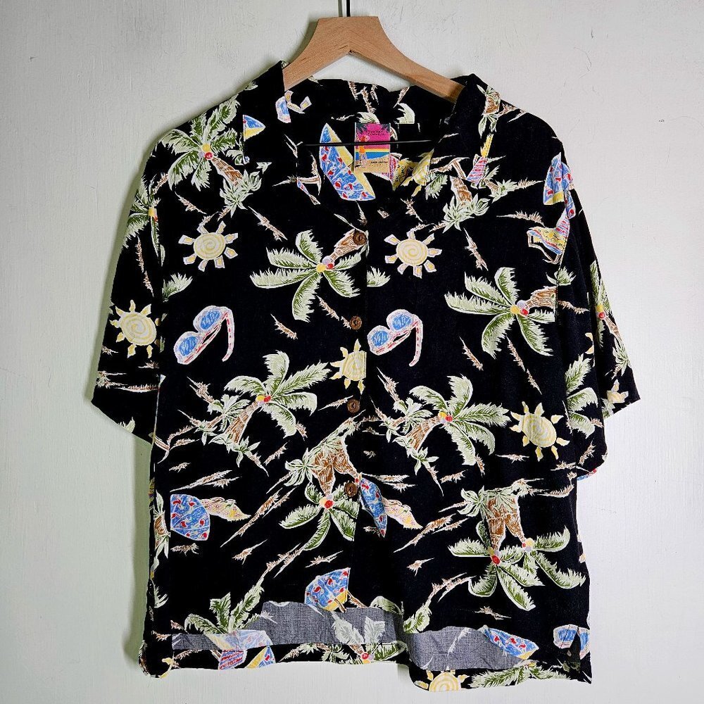 Too‎ Hot Sunwear Hawaiian Button Front Shirt Women's L Black Palm Tree